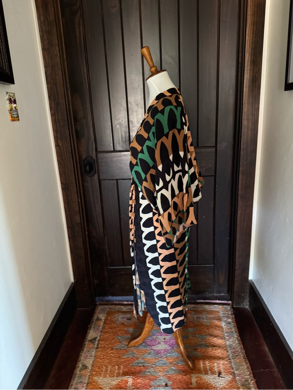 Zara Kimono Dress with Geometric Print in Black, Tan & Green - Picture 6 of 8